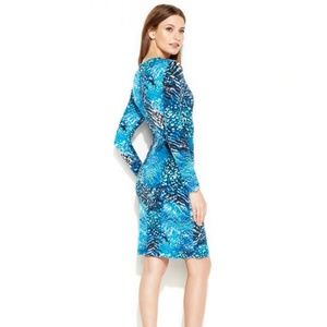Blue Aqua White Python Print Faux Wrap Dress